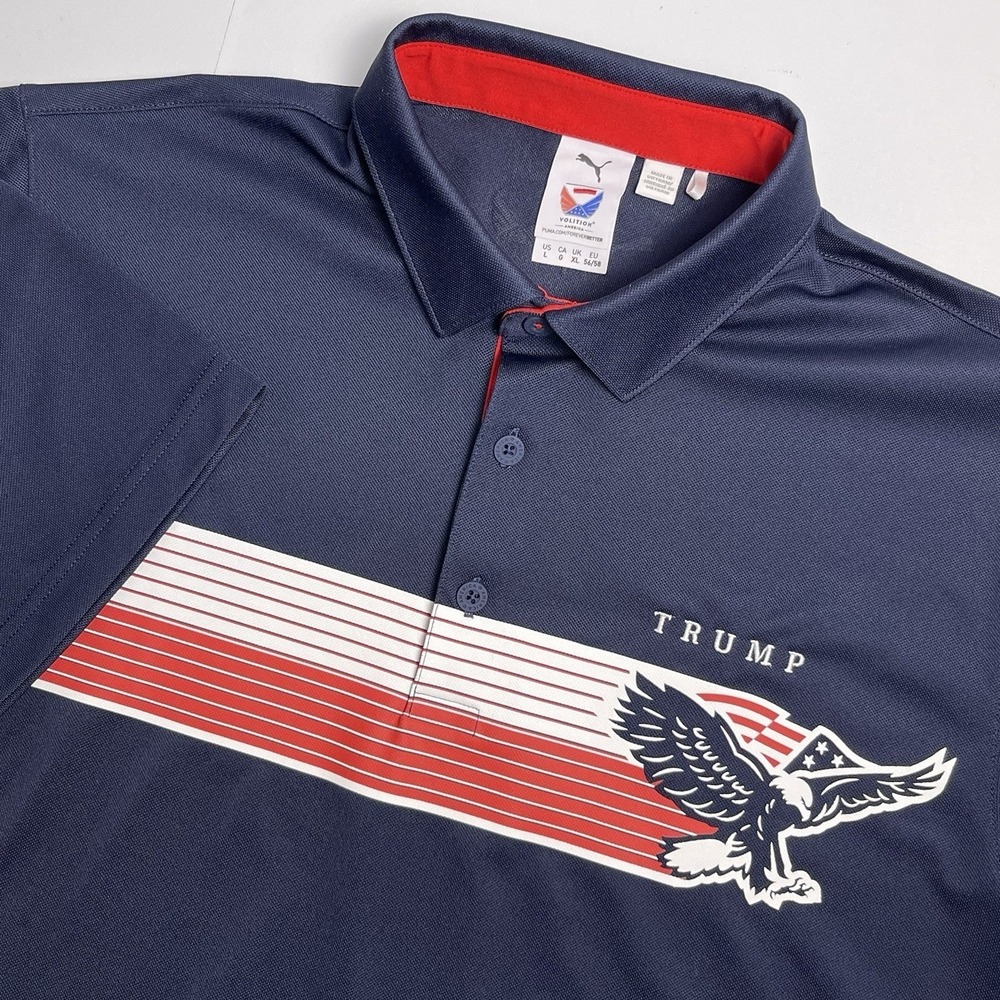Puma Mens Large Navy Blue Golf Polo Trump Volition America Eagle Graphic
